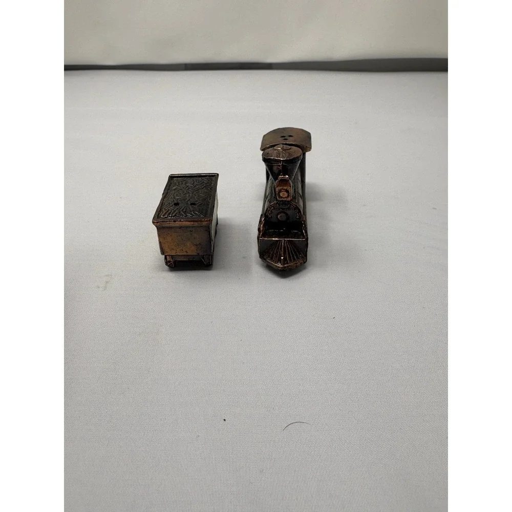 Vintage Steam Train Engine and Car Metal Salt & Pepper Shakers Japan - READ